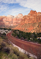 Image showing Highway 9 Zion Park Blvd Curves Through Rock Mountains