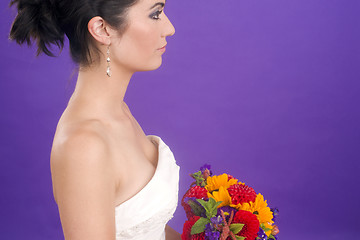Image showing Gorgoues Female Bride Profile Portrait Floral Bouquet Purple Bac