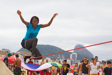 Image showing Slackline on Copacabana beach, Rio de Janeiro