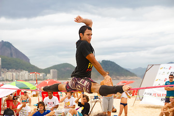 Image showing Slackline on Copacabana beach, Rio de Janeiro