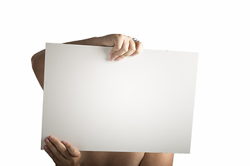 Image showing White Plastic laminate sign held up by hands