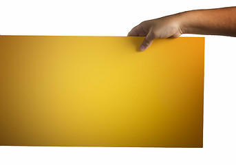 Image showing Plywood yellow sign held up by hands