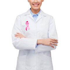 Image showing female doctor with breast cancer awareness ribbon