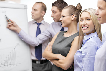 Image showing business team with flip board having discussion