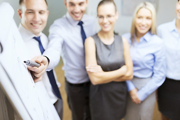 Image showing smiling business team with charts on flip board