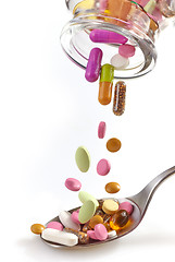 Image showing medical pills falling in spoon