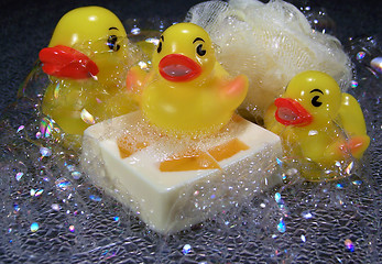 Image showing Three Rubber Ducks with Soap