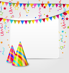 Image showing Celebration card with party hats, confetti and hanging flags