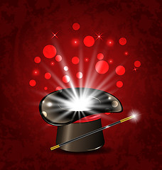 Image showing Magician hat, wand and magical glow
