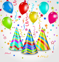 Image showing Holiday background with party hats, colorful balloons, confetti