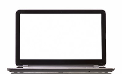 Image showing front view of laptop with blank white screen on white