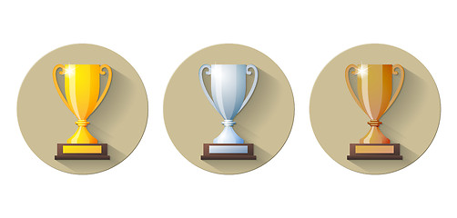 Image showing Vector gold, silver and bronze winners cup Flat Icon.