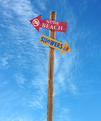 Image showing wooden post nude beach and showers