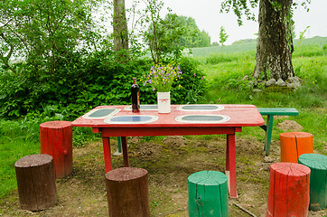 Image showing garden wooden table bunch flowers colorful stumps 