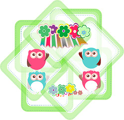 Image showing cartoon owls, flowers, holiday invitation card