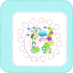 Image showing Background with owls family in flowers and love hearts