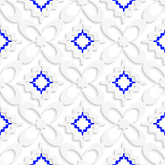 Image showing Diagonal white and blue wavy squares and flowers pattern