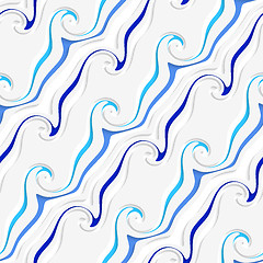 Image showing White curved lines and swirls perforated blue striped seamless