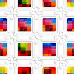 Image showing Colorful squares and white flowers seamless pattern