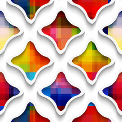 Image showing White wavy rectangles with rainbow on white seamless pattern