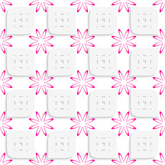 Image showing White geometrical perforated leaves and pink flowers seamless