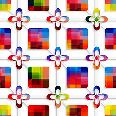 Image showing Colorful squares and colorful flowers on net seamless pattern