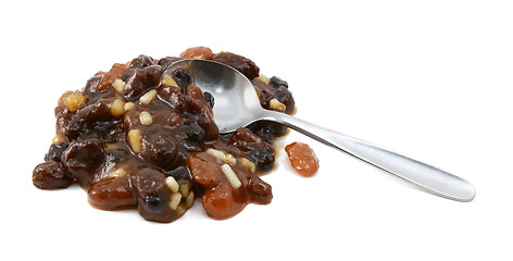 Image showing Heap of mincemeat mixture with a metal teaspoon 