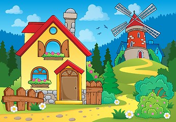 Image showing Spring theme house and windmill