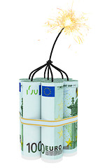 Image showing Dynamite composed of euro bills with a burning wick