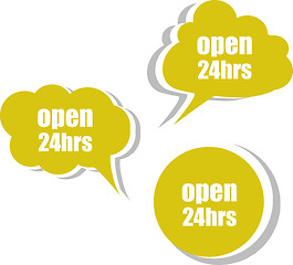 Image showing open 24 hours word on modern banner design template. set of stickers, labels, tags, clouds