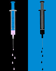 Image showing Illustration of two filled and dropping injections on blue and black background