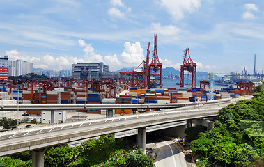 Image showing Highway bridge and truck transport container