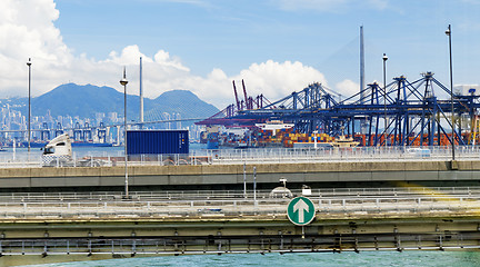 Image showing Port warehouse with containers and industrial cargoes