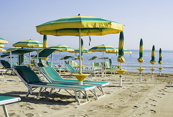 Image showing Sunbeds and umbrellas on the beach