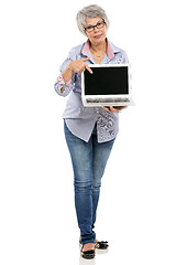 Image showing Elderly woman showing something on a laptop