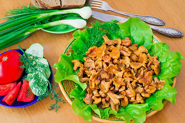 Image showing Fried mushrooms of chanterelle on a dish together with lettuce l