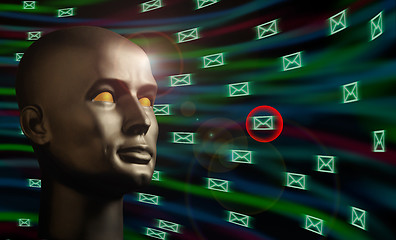 Image showing Mannequin head monitoring e-mail messages in cyberspace