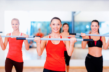 Image showing group of smiling people working out with barbells