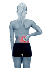 Image showing sporty woman touching her back