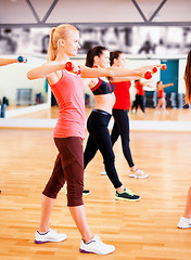 Image showing group of smiling people working out with dumbbells