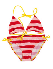 Image showing Red striped swimsuit with yellow straps