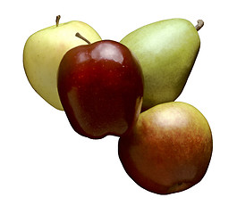 Image showing Three apples and a pear floating against white