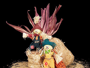 Image showing Scarecrows with Hay and Corn