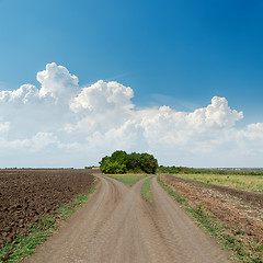 Image showing two rural roads to horizon and clouds in blue sky