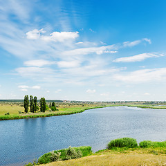 Image showing view to landscape with river and clouds in blue sky