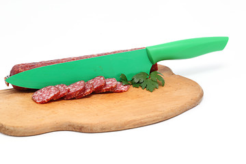 Image showing sausage and knife