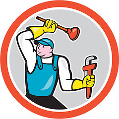 Image showing Plumber Holding Wrench Plunger Cartoon