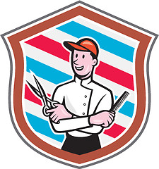 Image showing Barber Holding Scissors Comb Shield Cartoon