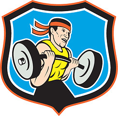 Image showing Weightlifter Lifting Barbell Shield Cartoon