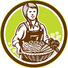 Image showing Organic Female Farmer Farm Produce Harvest Woodcut